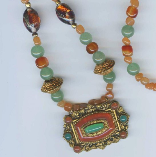 Sophie Necklace - Green and Pink Aventurine, Carnelian, Vintage Czech Focal Pendant