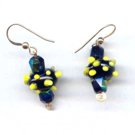Yellow Bumps on Black Lampwork and Gold Filled Earrings