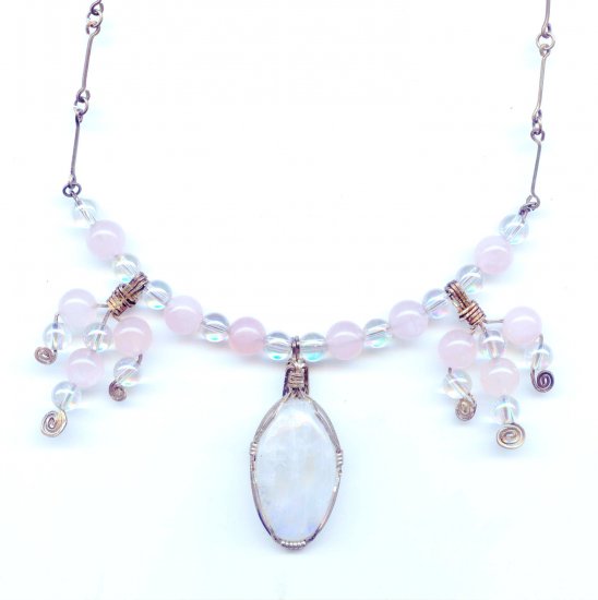 Moonstone, Rose Quartz, and Sterling Silver Wire Wrap Necklace