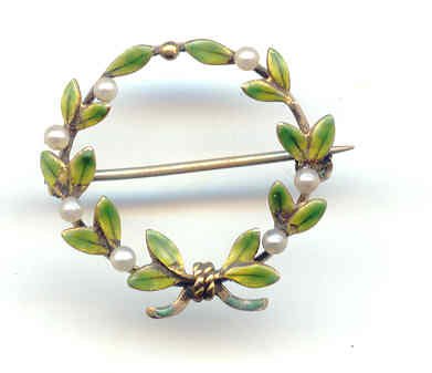 14K Yellow Gold, Pearl, and Enamel Brooch