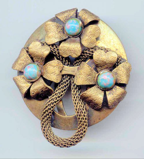 Art Nouveau Wire Mesh Braid Faux Turquoise Dress Clip