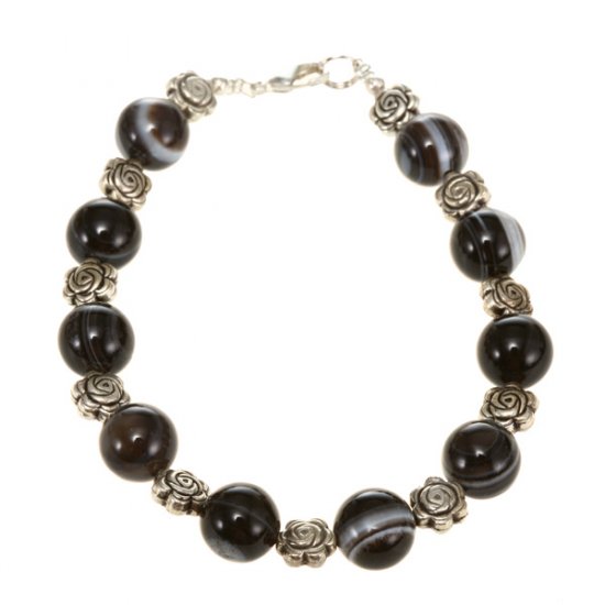 Sardonyx Agate 'Silver Flower' Beaded Bracelet