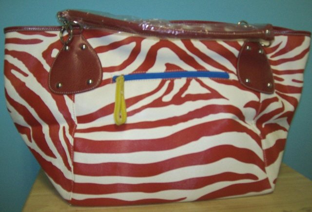 RED STRIPED ZEBRA PRINT TOTE BAG