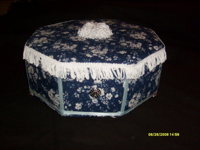 Hand-made Blue Flower Keepsake Sewing or Jewelry Box 6" tall / 11" wide
