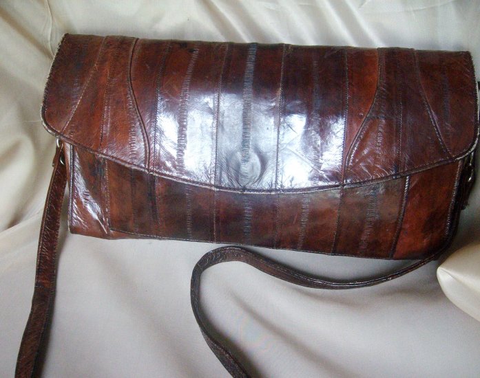 beautiful dark brown genuine eel skin handbag / clutch purse