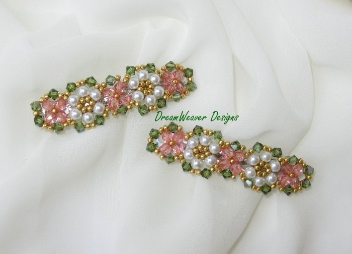 Swarovski Crystal & Pearl ~ Pink Flower Hair Barrette Set of 2 Barrettes