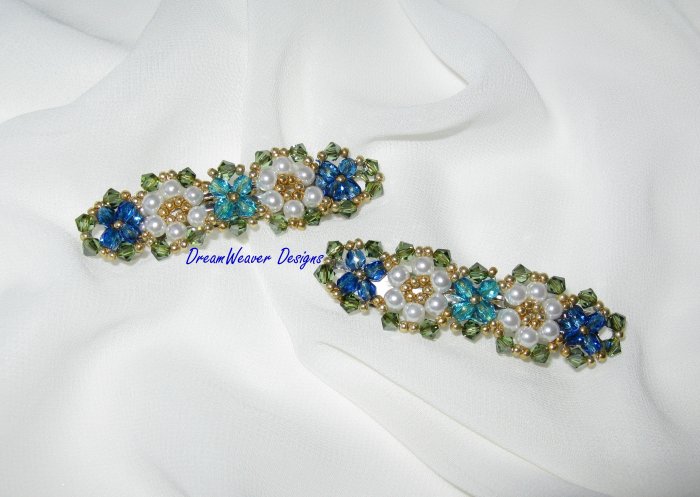 Swarovski Crystal & Pearl ~ Blue Flower Hair Barrette Set of 2 Barrettes