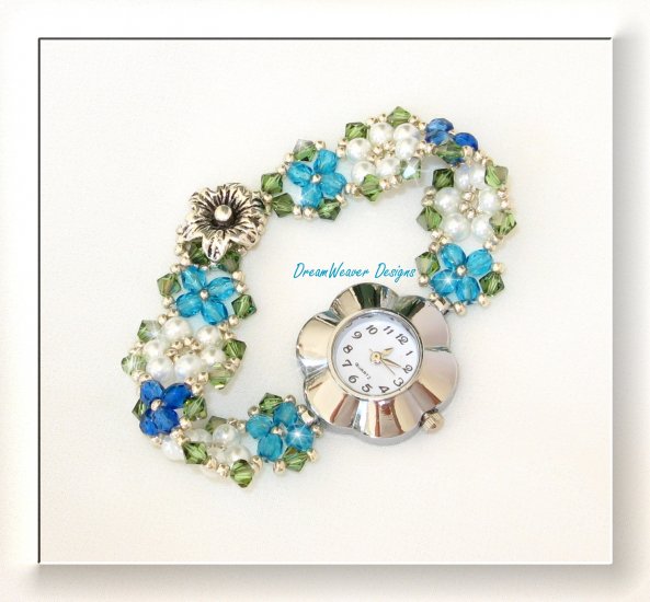 Swarovski Crystal and Pearl Blue Flowers Watch Bracelet