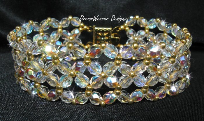 Czech Aurora Borealis AB Crystal Lace and Gold Bracelet