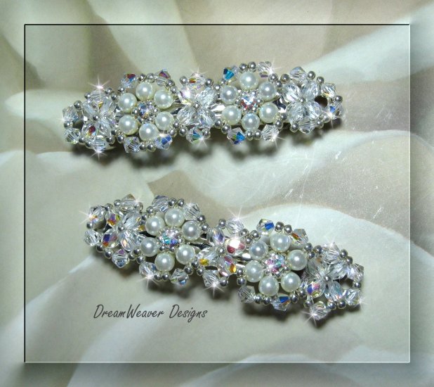 Swarovski Aurora Borealis Crystal & Antique White Pearl Bridal Barrette Set of 2 Barrettes