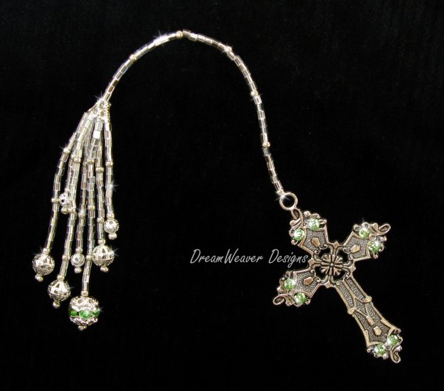 Vintage French Peridot Green Crystal and Antiqued Silver Plate Religious Cross Bookmark