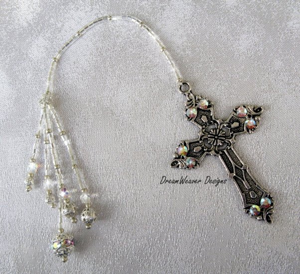 Vintage Swarovski AB Crystal and Antiqued Silver Plate Religious Cross Bookmark
