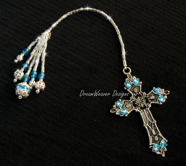 Vintage French Aqua Blue Crystal and Antiqued Silver Plate Religious Cross Bookmark