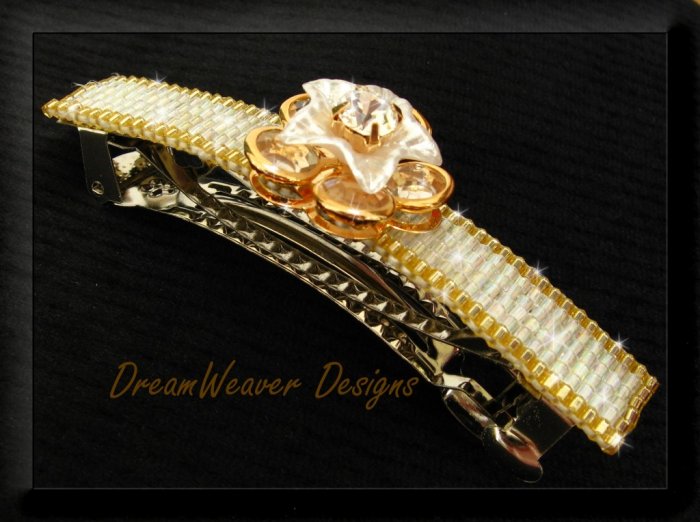 Elegant Aurora Borealis Crystal & Gold Flower Barrette