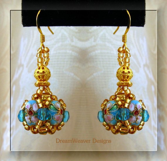 Turquoise Blue Crystal and Gold Cloisonne Marchesa Earrings