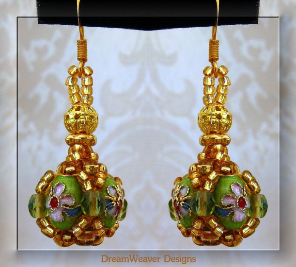Peridot Green Crystal and Gold Cloisonne Marchesa Earrings