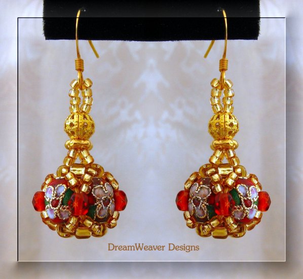 Ruby Red Crystal and Gold Cloisonne Marchesa Earrings