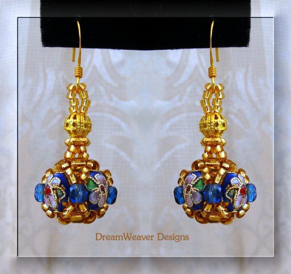 Sapphire Blue Crystal and Gold Cloisonne Marchesa Earrings