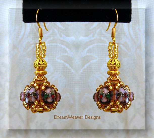 Amethyst Purple Crystal and Gold Cloisonne Marchesa Earrings