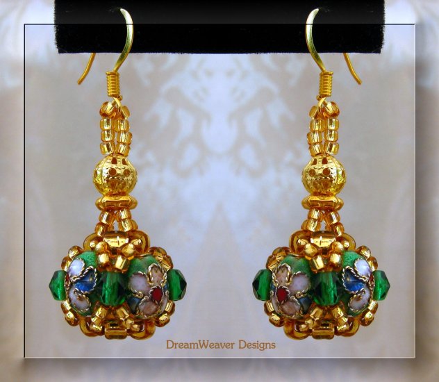 Emerald Green Crystal and Gold Cloisonne Marchesa Earrings