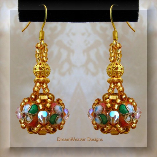 Dusty Pink Rose, Crystal and Gold Cloisonne Marchesa Earrings