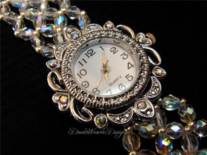 Vintage Swarovski Aurora Borealis AB Crystal Lace Silver Watch Bracelet