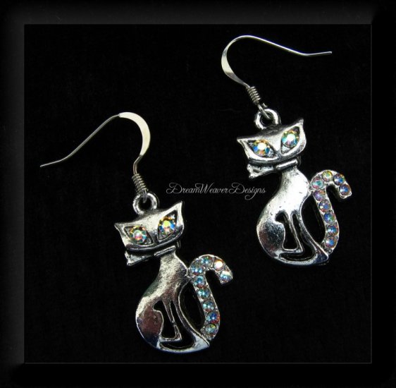 Vintage Swarovski AB Crystal & Silver Cat Earrings