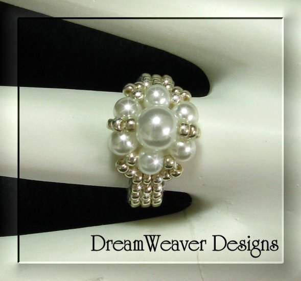 Silver Bead and White Pearls Flower Cluster Ring
