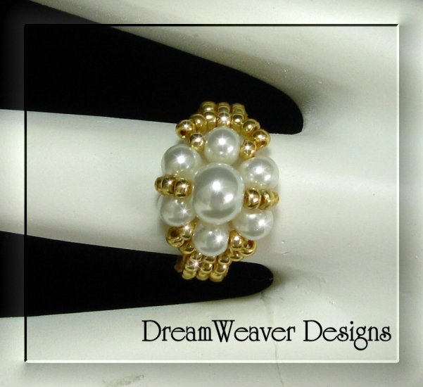 Gold Bead and White Pearls Flower Cluster Ring