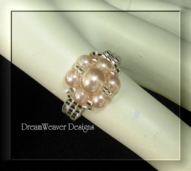 Silver Bead and Soft Pink Pearls Flower Cluster Ring