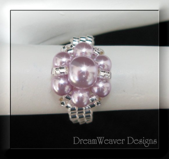 Silver Bead and Lavender Purple Pearls Flower Cluster Ring