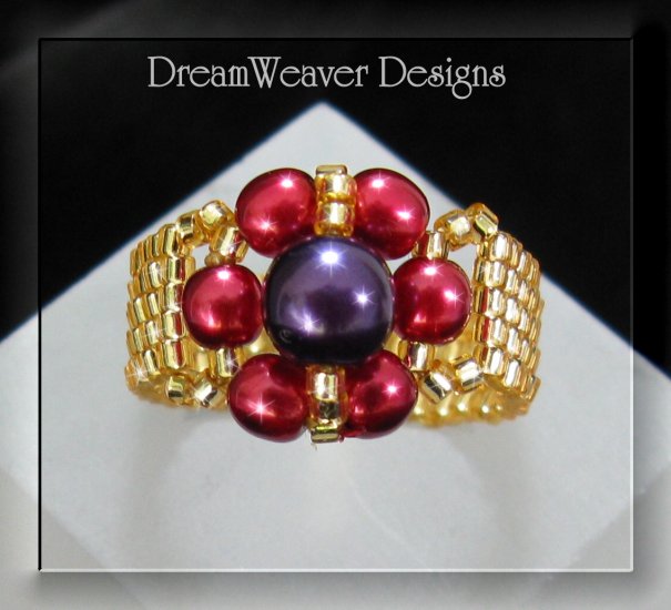 Red, Purple and Gold Czech Glass Ring - Red Hat Society