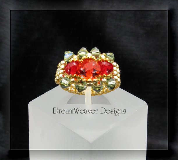 Swarovski Ruby Red and Peridot Green Crystal Gold Beaded Ring