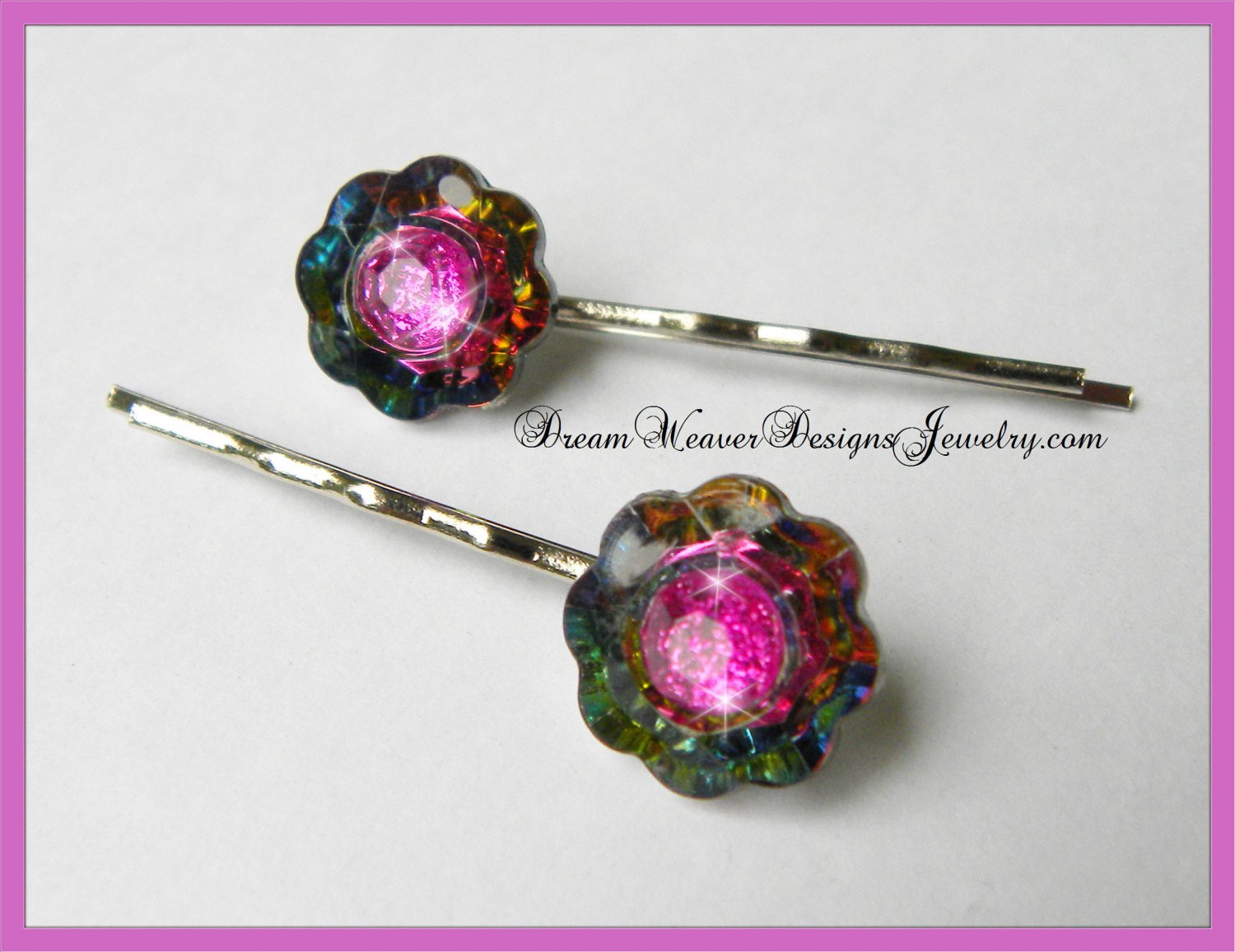 Multi Color Flower and Hot Pink Crystal Vintage Hair Pins Bobby Pins Hair Jewelry