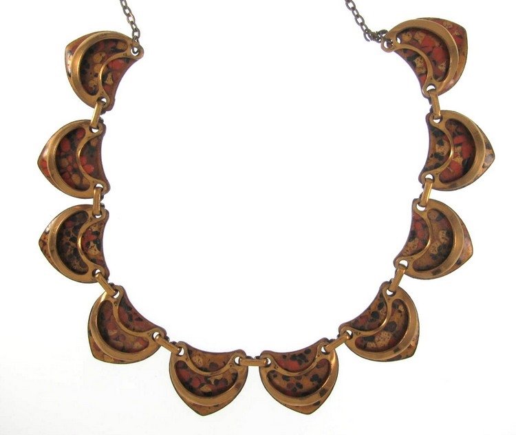 Matisse Renoir Copper Necklace Retro Mod Enamel Speckled Orange