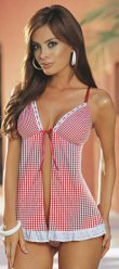 2 Piece Gingham Babydoll Set with Lace Trim and Front Ribbon Tie