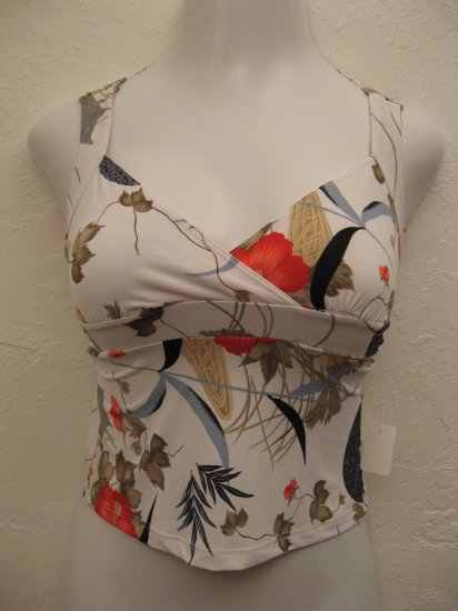 Sexy White, Red & Blue Floral Print Tank Top with Tie in Back (Small)