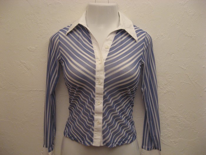 Trendy Blue & White Striped Sheer Career Top - Nikibiki (Small)