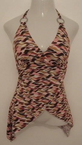 Sexy Pink, White & Brown Swirl Print Halter Top with Silver O Rings - Los Angeles Express (Small)