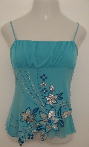 Sexy Aqua Blue Spaghetti Strap Club Top with Silver Sequence Floral Accents - Imagine (Large) NWOT