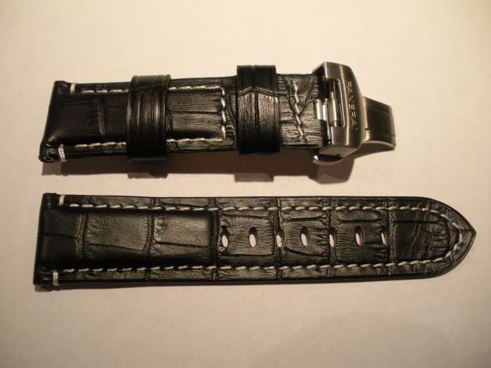 24mm Black/White Stitch/Cream Lining Leather Strap w/ Deployment for Panerai