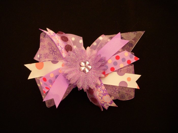 Large Purple/White "Sassy" Bow with Flower/Crystal Center