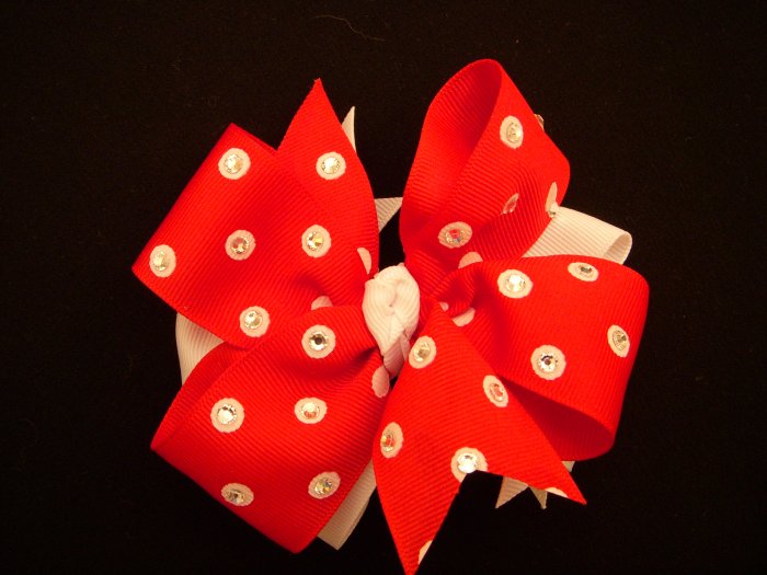 Med. Red/White Polka Dot Layered "Side by Side" Bow w/Swarovski Crystal Embellishments