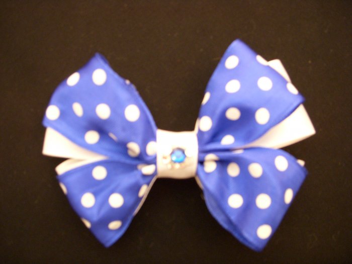 Med. Cobalt Blue/White Polka Dot Layered Bow w/out Tails, with Swarovski Crystal Flower Center