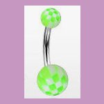 Surgical Steel Navel Belly Ring with UV Checker Green Balls