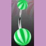 Surgical Steel Navel Belly Ring with UV Candy Striped Green Balls