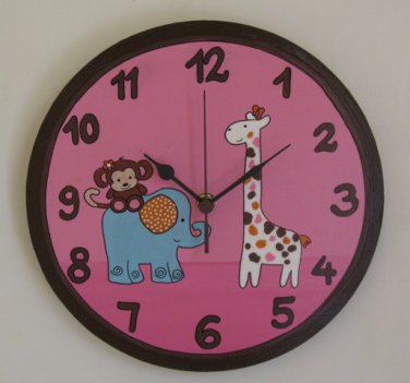 Brown And Pink Wall Clock With Whimsical Animals Paintings