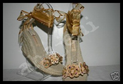 KHAKI BEIGE TAN flower floral Espadrilles Wedge sz 6.5-10