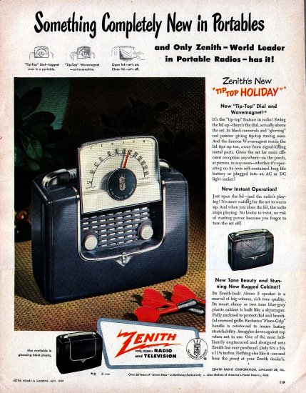1949 Zenith Tip Top Holiday Portable Radio advertisement