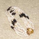 Vintage Costume Jewelry Faux Seed Pearl (white & black) Bracelet with Goldtone Rose Clasp